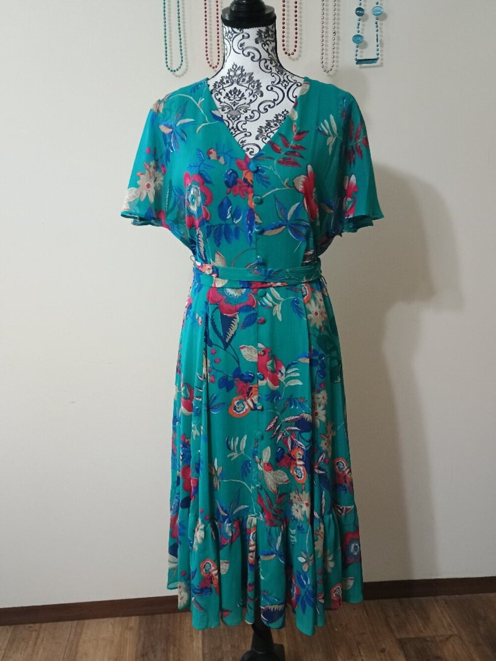 Calvin Klein Teal Crinkled Floral Dress Sz. 10